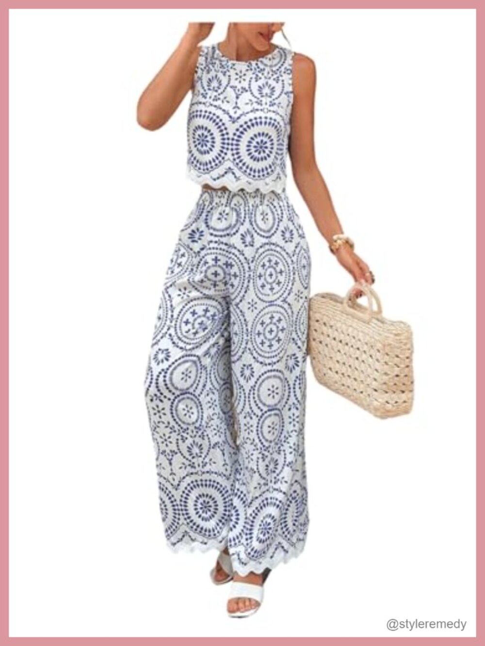 Boho 2 Piece Pant Set Sleeveless Crop Tank Wide Leg Rayon Outfit